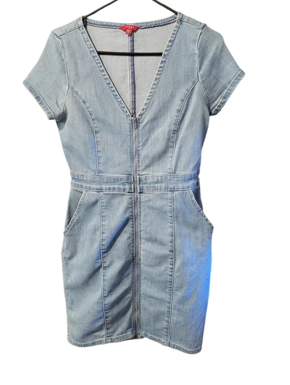 Guess Light Blue Denim V-Neck Zip Mini Dress - Picture 2 of 8